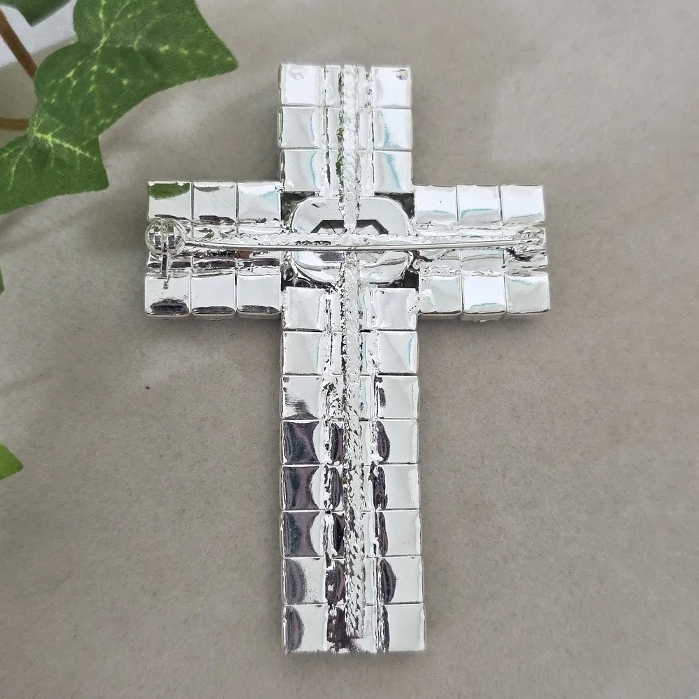 Statement Silver and Acrylic Blue Topaz Cross Brooch Pendant